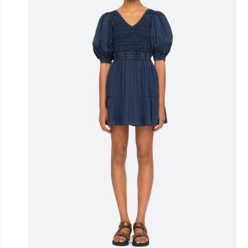 SEA NEW YORK New York Navy Blue Smocked Mini Dress Puff Sleeve 100% Cotton‎ Sz 8
